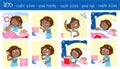 Daily routine of a little black girl with dark brown hair - Set of eight good morning and good night routine actions Royalty Free Stock Photo