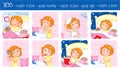 Daily routine of a little girl with ginger hair - Set of eight good morning and good night routine actions Royalty Free Stock Photo