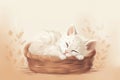 Adorable illustration of little kitten resting in wicker basket