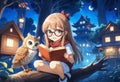 Mother owl and little fairy owl in glasses and with a book are sitting on a tree near their house in the night forest