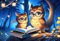 Mother owl and little fairy owl in glasses and with a book are sitting on a tree near their house in the night forest