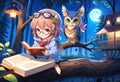 Mother owl and little fairy owl in glasses and with a book are sitting on a tree near their house in the night forest