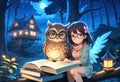 Mother owl and little fairy owl in glasses and with a book are sitting on a tree near their house in the night forest