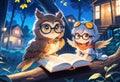 Mother owl and little fairy owl in glasses and with a book are sitting on a tree near their house in the night forest