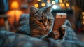 Cute Cat Using Smartphone to Browse Internet and Look at Camera