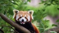 A cute red panda peering out from behind a tree trunk. generative ai. Royalty Free Stock Photo