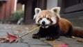 A cute red panda with a bamboo stick on the city street in autumn time. generative ai. Royalty Free Stock Photo