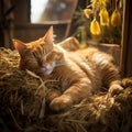 Barn cat sleeping on a pile of hay in a barn. Royalty Free Stock Photo