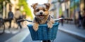 Adorable image of a small dog peeking out of a bicycle basket as its owner rides through city streets, concept of Cute