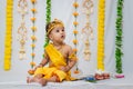 adorable infant dressed as hindu god krishna on the occasion of janmashtami celebrated at india