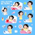 Daily routine of a little girl with dark hair - Set of eight good morning and good night routine actions Royalty Free Stock Photo