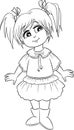 Adorable Kawaii black and white illustration of a little girl, in contour, perfect for children`s coloring book