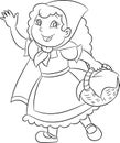 Adorable Kawaii black and white illustration of little red riding hood, in contour, perfect for children`s coloring book