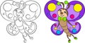 Adorable before and after kawaii drawing of a little butterfly, beautifully colored, for children`s coloring book or coloring game Royalty Free Stock Photo