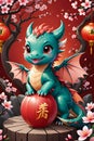 Adorable kawaii green dragon with chinese lampions, peach blossoms flower, digital anime style, fantasy, cute vector art Royalty Free Stock Photo