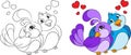 Before and after kawaii illustration of a bird couple, hugging, with hearts over heads, for coloring book or Valentine`s Day card