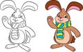 Before and after kawaii drawing of a cute little bunny rabbit, waving at you, with a scarf, for children`s coloring book