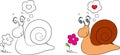 Before and after kawaii drawing of a little snail looking at a flower, for children`s coloring book or Valentine`s Day card Royalty Free Stock Photo