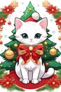 An adorable kawaii kitten with beautiful christmas tree and the ornaments, on white background, cartoon, sticker 2d cute, t-shirt