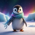 Adorable kawaii penguin with gradient galaxy scraf standing under the aurora borealis Royalty Free Stock Photo