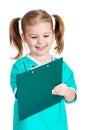 Adorable kid girl uniformed as doctor over white background
