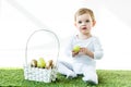 Kid holding yellow chicken egg while sitting on green grass near straw basket with Easter eggs isolated on white Royalty Free Stock Photo