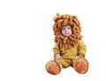 Adorable kid in lion costume on white background isolated Royalty Free Stock Photo