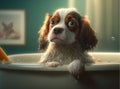 Adorable King Charles Cavalier dog in a bath, vintage setting Royalty Free Stock Photo