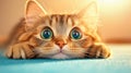 Adorable kitten with big eyes resting on a blue surface in warm light Royalty Free Stock Photo