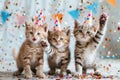 Adorable kitten birthday with hats, gifts, toys, and decorations in festive celebration