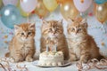 Adorable kitten blowing birthday cake candles, siblings eagerly watching amidst colorful decorations