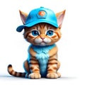 Adorable kitten with blue eyes wearing a blue baseball cap on a white background