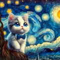 An adorable kitten in cartoon style, with Van Gogh starry night background, billowing clouds, digital art, fantasy design, animal