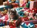 Adorable Kitten Among Colorful Gift Wrappings