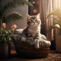 an adorable kitten comfortably perched on cat furniture beside a lush potted plant, all within a room adorned with a