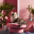 an adorable kitten comfortably perched on cat furniture beside a lush potted plant, all within a room adorned with a