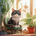 an adorable kitten comfortably perched on cat furniture beside a lush potted plant, all within a room adorned with a