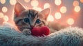 Adorable Kitten Cuddles Red Heart Festive Lights Background Royalty Free Stock Photo