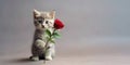 Adorable Kitten Embraces Romance with a Red Rose