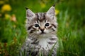 Adorable kitten gazes curiously at camera in outdoor setting