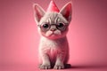 adorable kitten with glasess celebrates his birthday with a cardboard hat, Generative AI