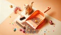 Adorable Kitten helper next to Dustpan with Colorful Confetti and Serpentine. Mess and Cleaning after New Year Party