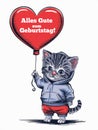 Adorable Kitten Holding a Heart-Shaped Balloon with Alles Gute zum Geburtstag Message, Happy Birthday in German Royalty Free Stock Photo