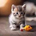 An adorable kitten with a playful expression, batting at a toy mouse with enthusiasm2