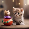 An adorable kitten with a playful expression, batting at a toy mouse with enthusiasm1