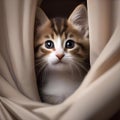 An adorable kitten with a playful expression, peeking out from behind a curtain5