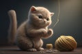 adorable kitten playing with ball of thread, wrapping the string around its paws and batting at it with its claws