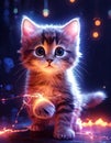 Adorable kitten playing with glowing lights in a dark setting Royalty Free Stock Photo