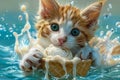 Adorable Kitten Playing in Splashing Milk with Big Blue Eyes and Fluffy Fur in Fantasy Setting