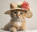 Adorable Kitten in a Straw Hat - White Background Royalty Free Stock Photo